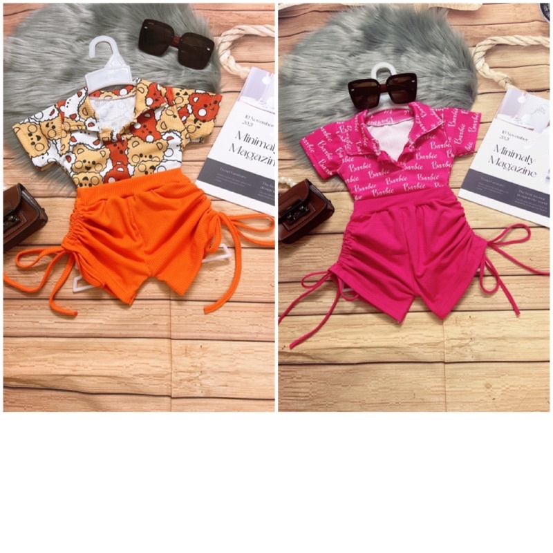 SET BỘ ÁO CROPTOP TAY NGẮN + QUẦN RÚT DÂY CHO BÉ