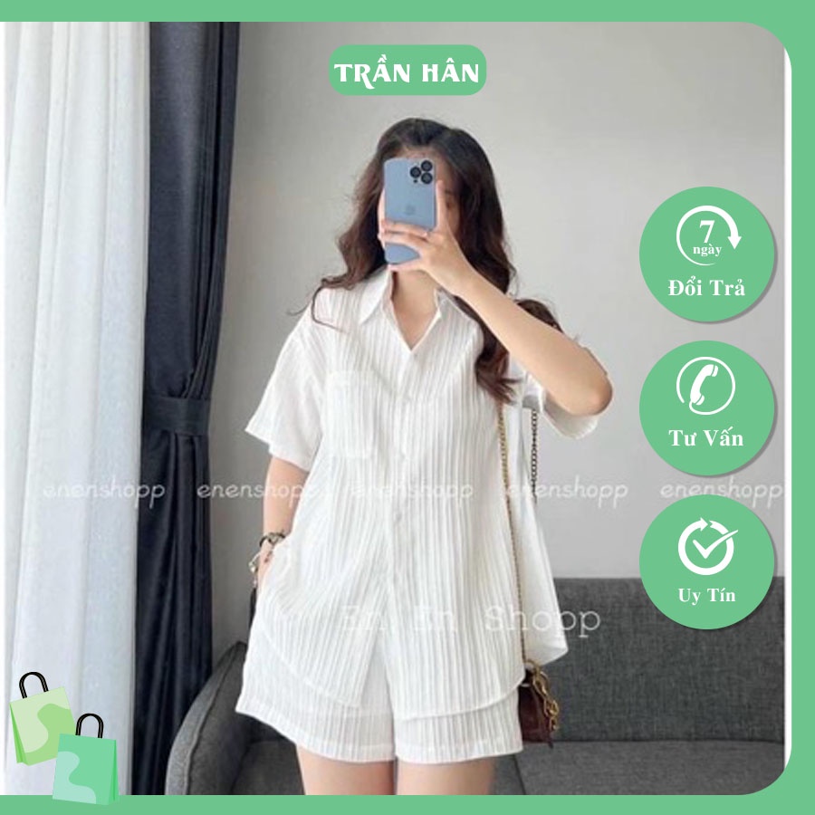 Set bộ nữ áo cổ sơ mi tay ngắn xẻ sau buộc dây mix quần chất đũi thời trang ulzzangI Trần Hân shop 4012308