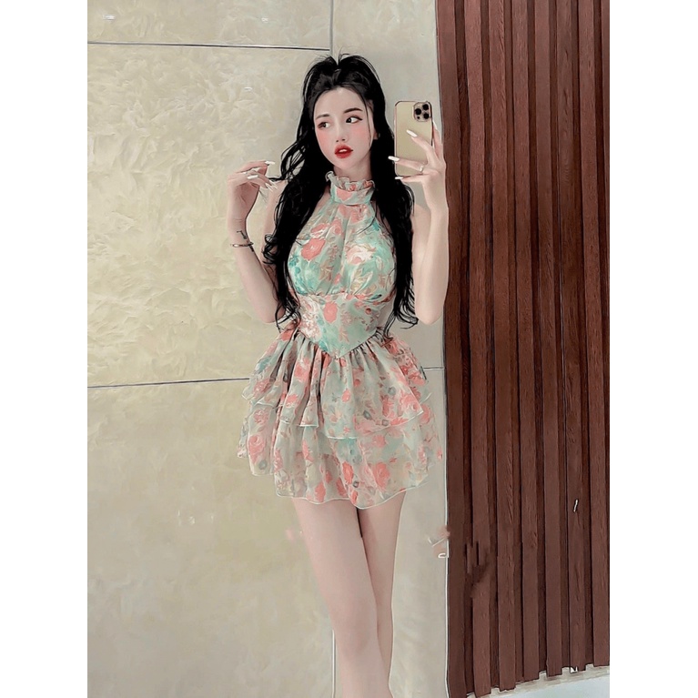 ĐẦM VOAN HOA CÓ MÚT CÓ LÓT QUẦN CỔ YẾM DÁNG NGẮN SIÊU HACK DÁNG UP