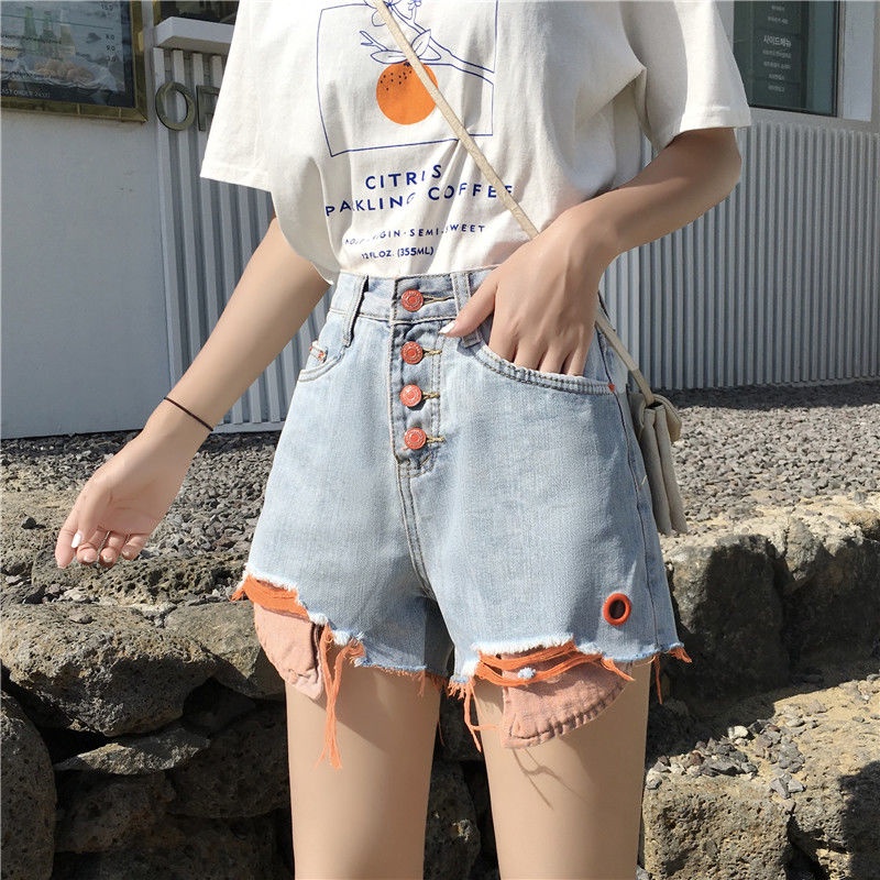 Denim shorts, women's high waist pants, spring and summer new Korean fashion, holes, rough edges, loose wide leg shorts, women
