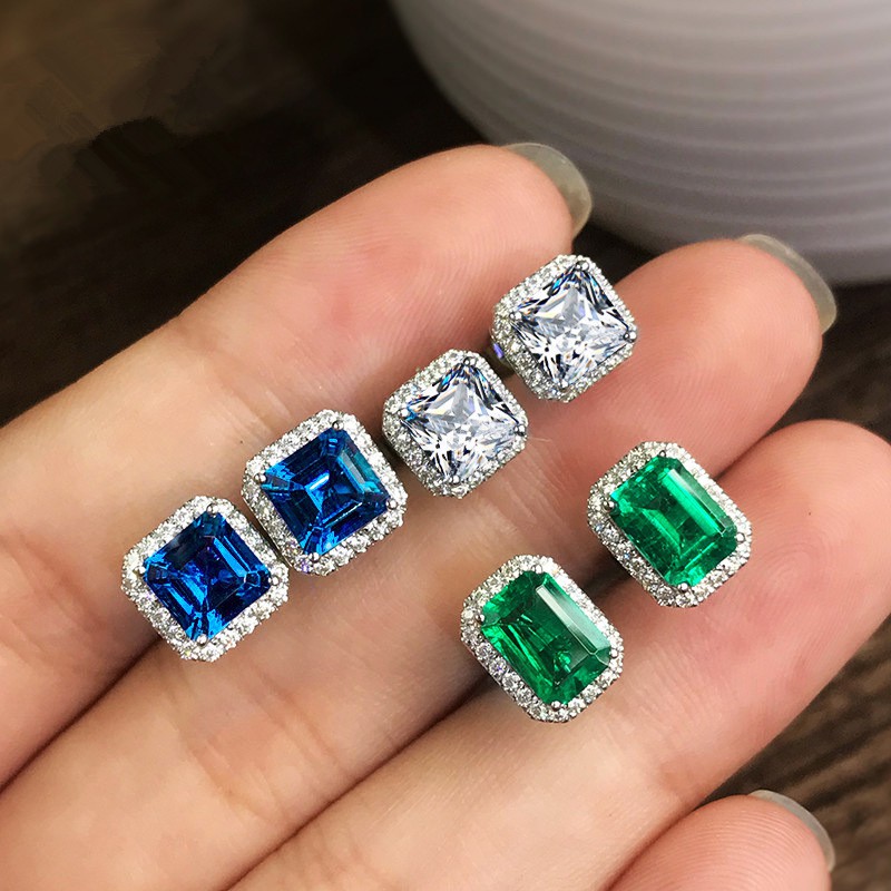 Bông tai đính đá zircon nhiều màu hình vuông toàn diện cho nữ