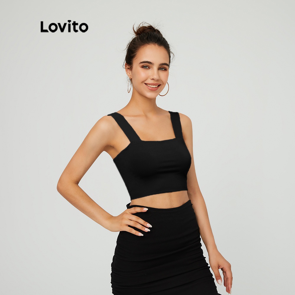  Áo hai dây Lovito màu trơn cổ vuông thời trang L03020 (Màu xanh lá/ đen/ trắng) | BigBuy360 - bigbuy360.vn
