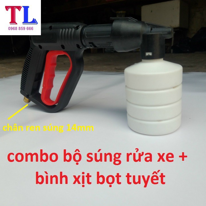 súng xịt rửa xe áp lực cao + Bình tạo bọt tuyết xà bông gắn cho máy rửa xe áp lực cao [bình bọt 0.5L + cò đỏ 14mm ]