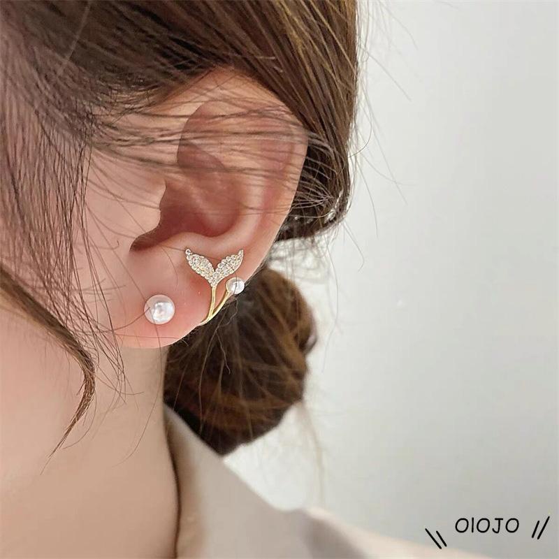 Bông Tai Mạ Bạc 925 Hình Đuôi Cá Đính Ngọc Trai Sang Trọng Phong Cách Hàn Quốc Thời Trang