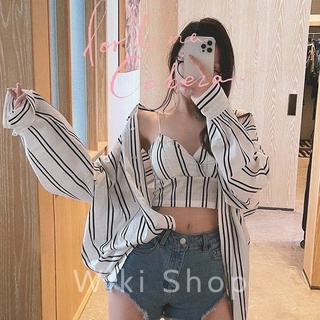 Set áo sơ mi kẻ sọc trắng mix áo bra 2 dây mảnh - Set bộ đồ áo sơ mi oversize dài tay mix áo bra sexy phom ôm C276