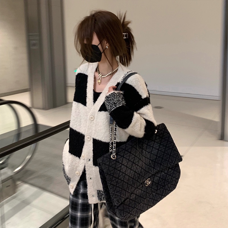 Áo khoác cardigan ZHELIHANGFEI dệt kim tay dài dáng rộng họa tiết kẻ sọc thời trang