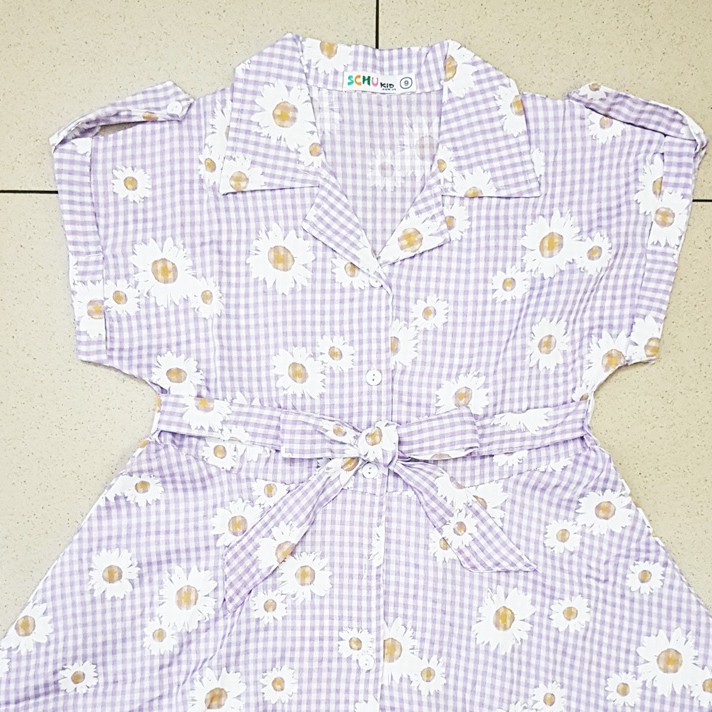 Đầm vải mềm xòe cột dây hoa cúc tím dễ thương bé gái