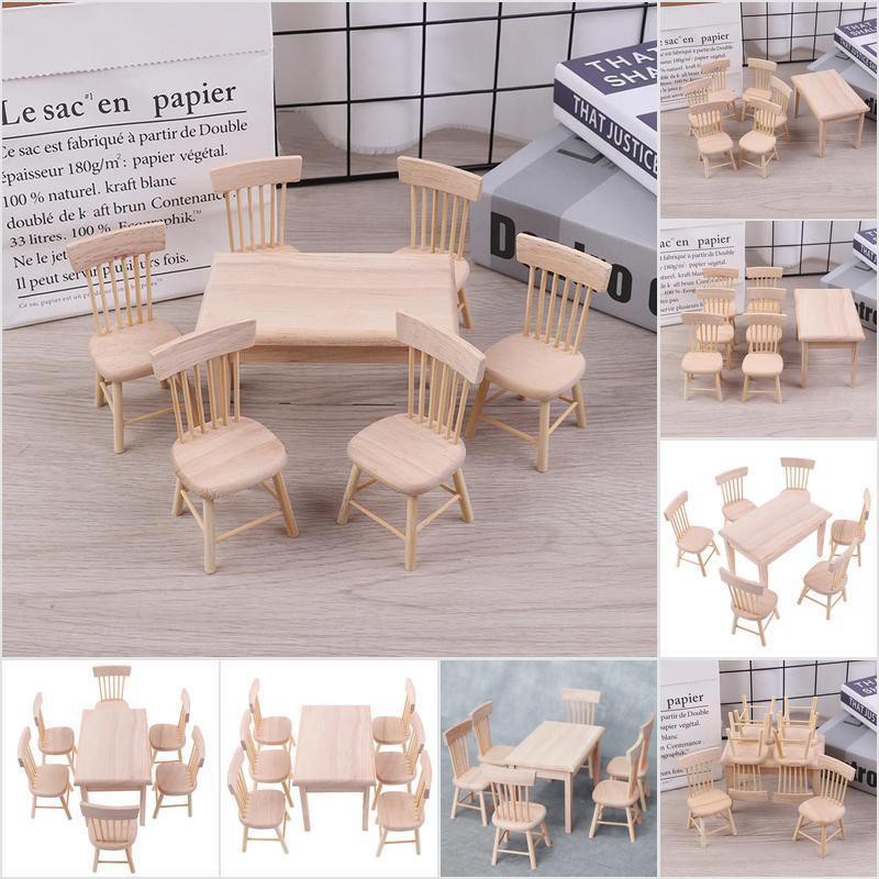 [HoMSI] 1:12 Dollhouse Miniature Furniture Wooden Dining Table with 6 Chair Model Set SUU