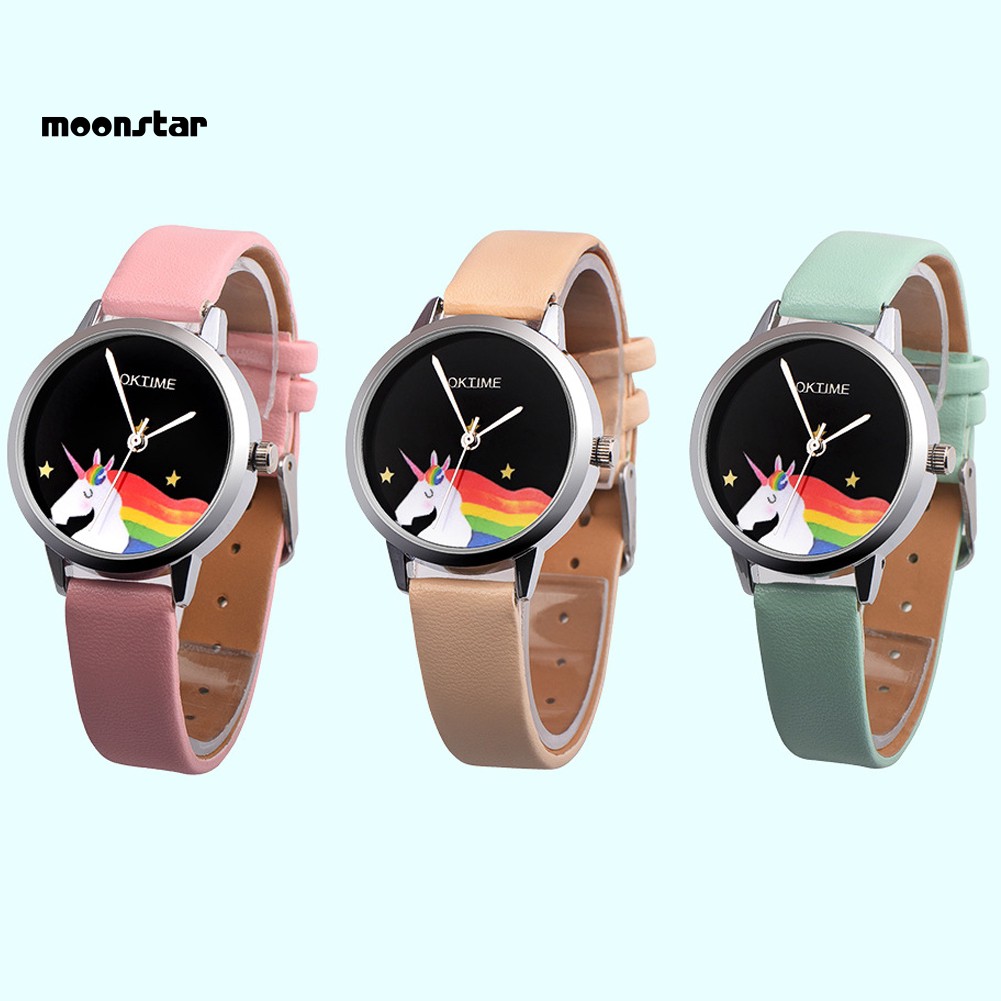 Đồng hồ nữ dây da mặt hình ngựa một sừng dễ thương