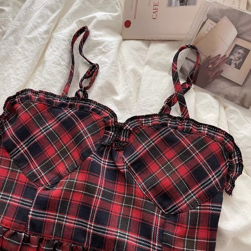 áo 2s 2 dây kẻ đỏ mix viền bèo ngực (ko có mút ngực)