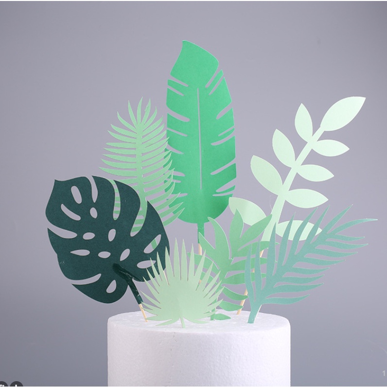 Set 13 Phụ Kiện Trang Trí Bánh Kem Hình Khủng Long Lá Cọ Xanh Nhiệt Đới