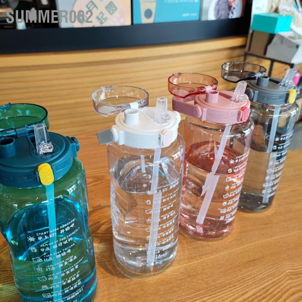 Summer062 Outdoor Sports Water Bottle Plastic Fitness Extra Large Capacity Kettle with Double Straws Time Marker