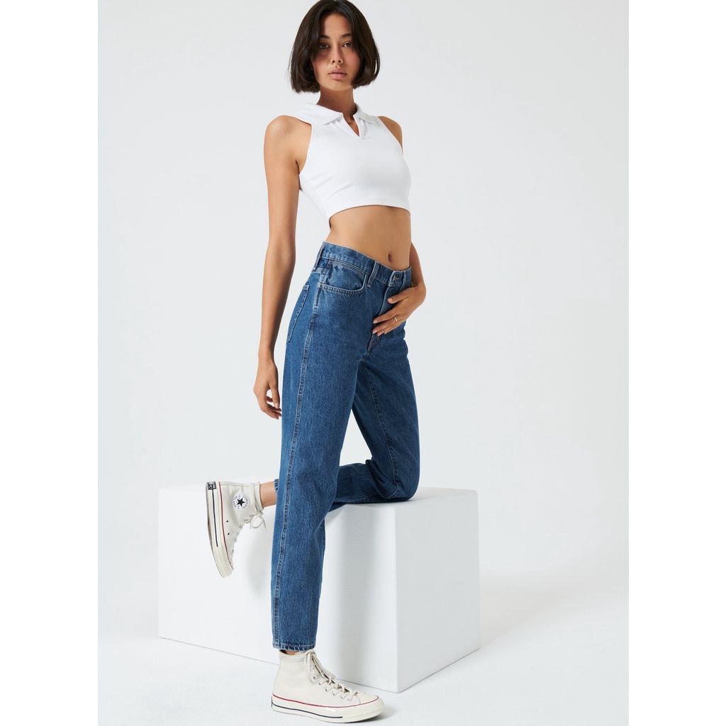 Quần Mom Jeans Nữ Lưng Cao Màu Xanh Đậm M-03