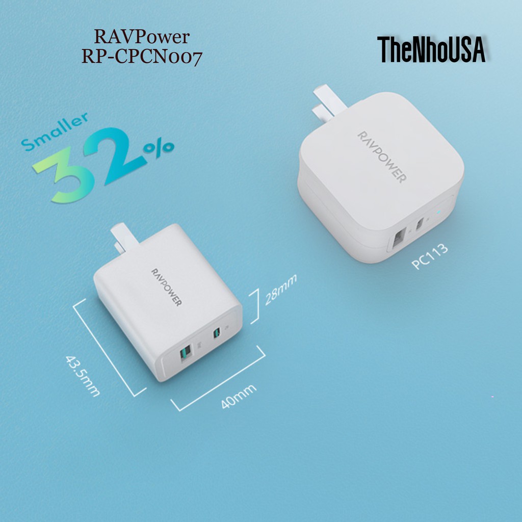 Củ sạc nhanh RAVPower 2 cổng C-PD 18w [BH 12 tháng]