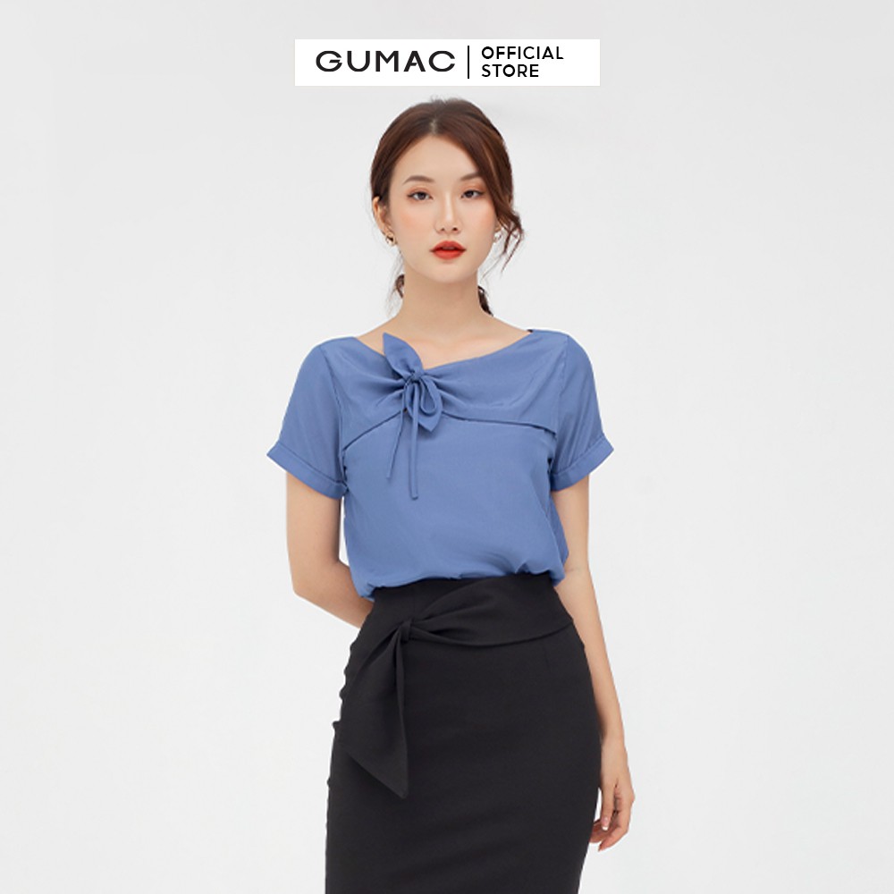 [Mã WABRGPLA giảm 10% đơn 99K] Áo kiểu nữ nơ cổ GUMAC tay ngắn màu xanh thanh lịch AB558
