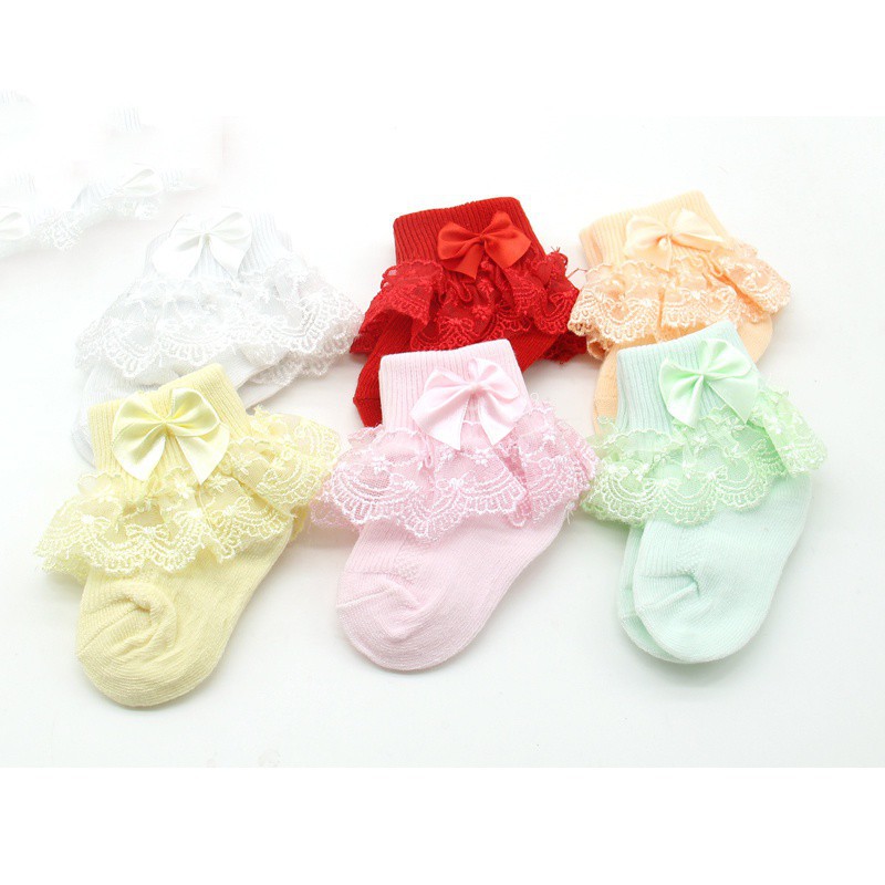 Vớ cotton mềm viền ren có đính nơ dễ thương cho bé gái