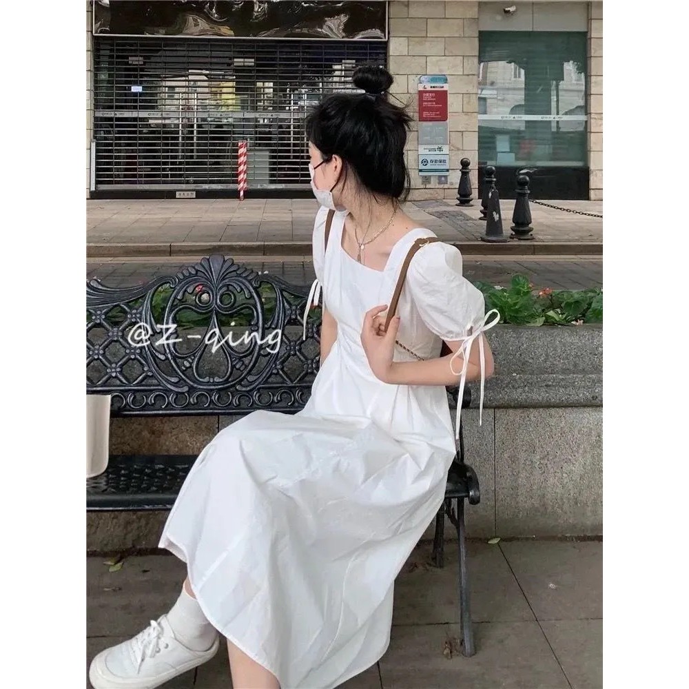 Đầm Trắng Cổ Vuông Thắt Nơ Thời Trang Cho Nữ