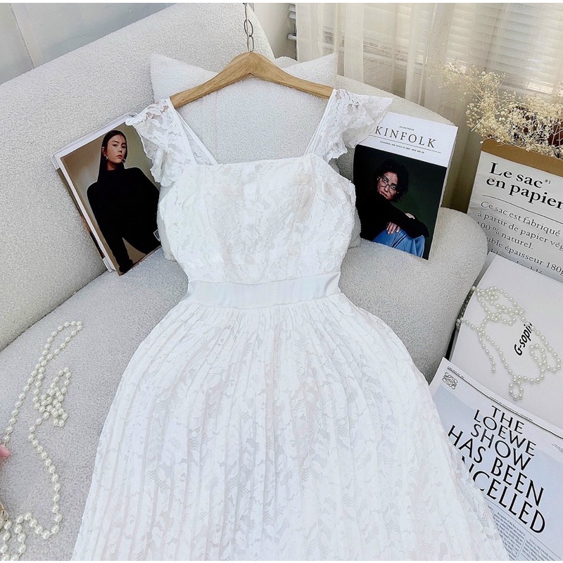 Đầm ren xếp dập ly xoè cổ vuông vai cánh tiên Trắng đen nude Đầm váy đi chơi dạo phố dự tiệc sang trọng sexy hotgirl tk