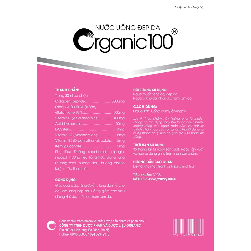 Nước Uống Đẹp Da Organic100  - 1 Lọ 30ml