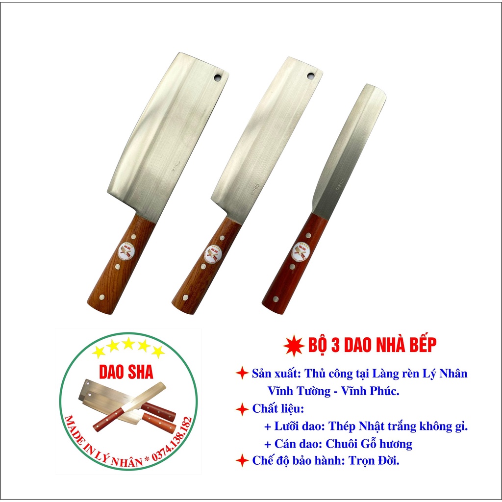 Bộ 3 dao chặt gà, thái thịt, gọt hoa quả bằng thép Nhật trắng không gỉ - Chuôi gỗ - thương hiệu làng rèn Lý Nhân (SHA)