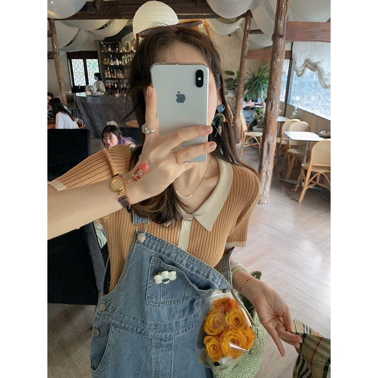 Áo sơ mi dệt kim POLO ZHELIHANGFEI ngắn tay eo cao kiểu dáng đơn giản