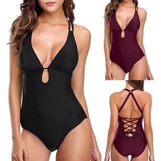 Sexy Women One-Piece Braided Bikini Bandage Swimsuit Bathing Deep V-neck Swimwear Beach Jumpsuit