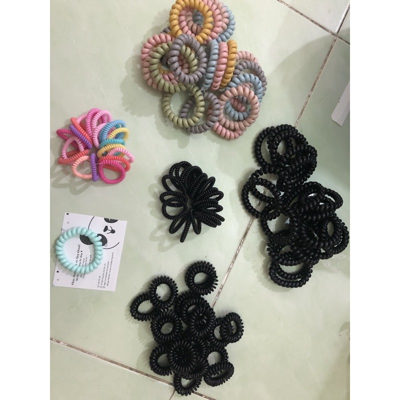 Combo 100 dây buộc tóc lò xo đen, màu, vòng đeo tay khoá tủ, locker, móc khoá đi bơi
