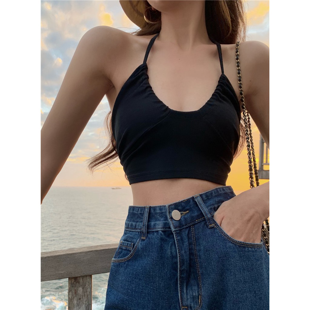 [Có sẵn] Croptop thun yếm cột dây cổ rút ngực