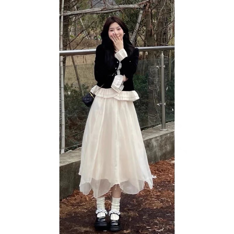 Set áo nhung viền bèo chân váy tơ xuocs VNHN0009