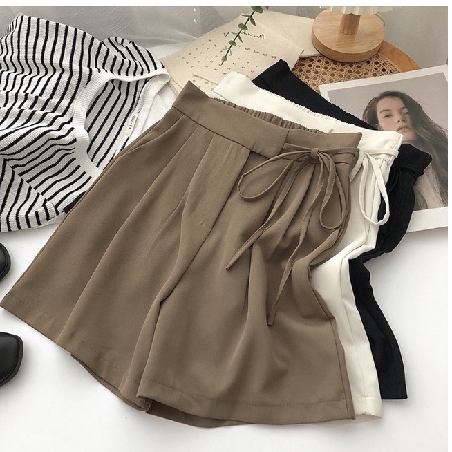 Quần short nữ lưng cao cạp cao ống rộng quần đùi nữ xếp ly có dây thắt nơ eo cạp sau chun phong cách Hàn Quốc