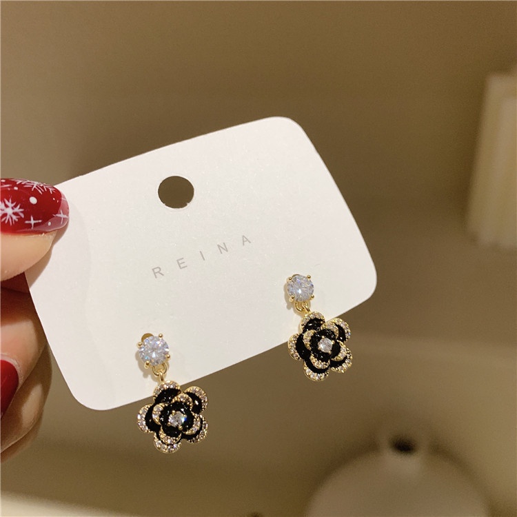 Khuyên tai bạc 925 hình hoa nhỏ đính đá màu đen cá tính