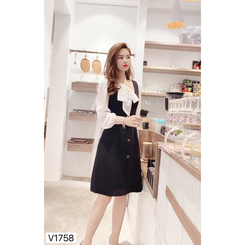 Váy đen suông tay phối trắng kèm đai V1758 - Đẹp Shop DVC (Kèm ảnh thật trải sàn do shop tự chụp) | BigBuy360 - bigbuy360.vn