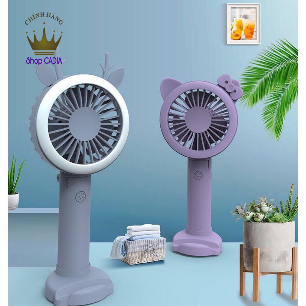 Quạt mini cầm tay tích hợp đèn Lef, chân để điện thoại [Tặng kèm 4 tai cực xinh]