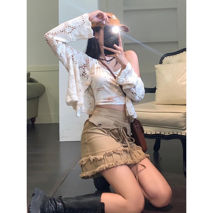 QKOOLE  Áo Khoác cardigan + Áo Sát Nách Nhuộm Màu Thời Trang Hàn Quốc Cho Nữ