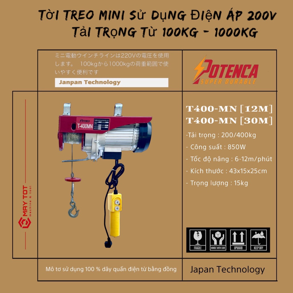 Hàng hot sẵn sll- giá rẻ! Tời Điện T400MN ( PA400 ) lõi đồngloại 12M và 30M  BH 6 tháng !