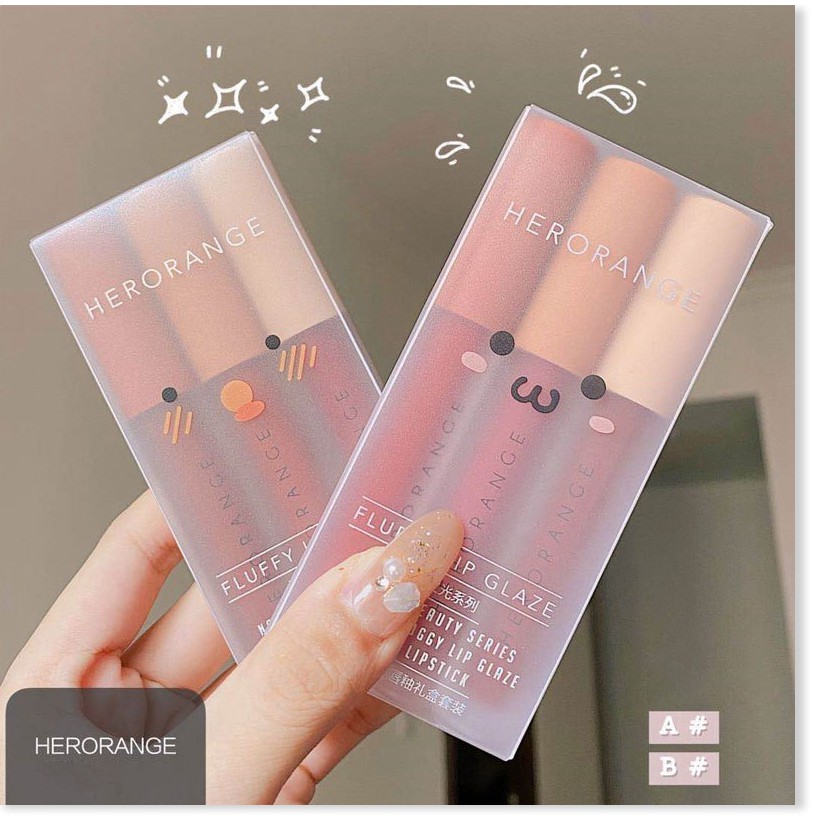 [Mã giảm giá] [Mã 66FMCGSALE hoàn 8% xu đơn 500K] Set 3 son kem lì HERORANGE chất velvet mịn lì Fluffy Lip Glaze