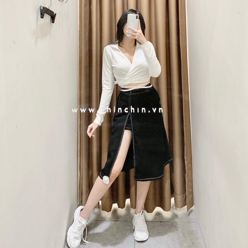 Áo croptop tay dài vạt chéo thắt eo