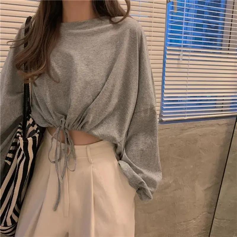 Áo thun croptop dài tay dáng rộng rút dây thời trang mùa thu xinh xắn cho nữ