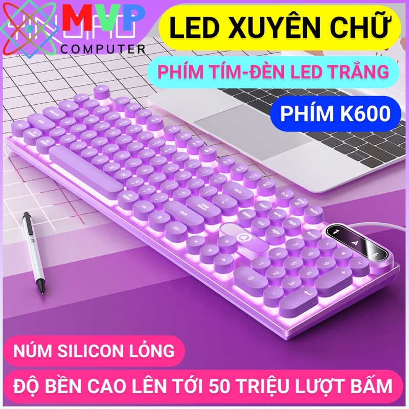 COMBO BÀN PHÍM CHUỘT MÁY TÍNH LAPTOP GAMING YINOIAO K600+G15 CÓ DÂY LED XUYÊN CHỮ NÚT TRÒN NHIỀU MÀU TRẮNG HỒNG XANH TÍM