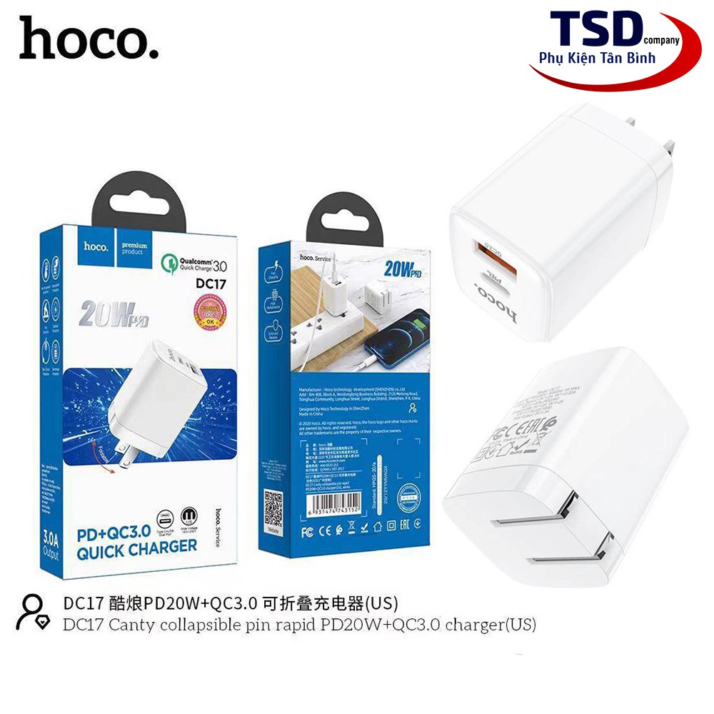 Củ Sạc Nhanh Hoco DC17 Speed Dual 2 Cổng QC3.0 PD 20W Chính Hãng