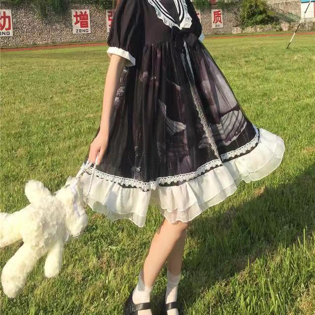 Đầm lolita Ngắn Tay Cổ Thủy Thủ Mềm Mại Theo Phong Cách Nhật Bản váy babydoll
