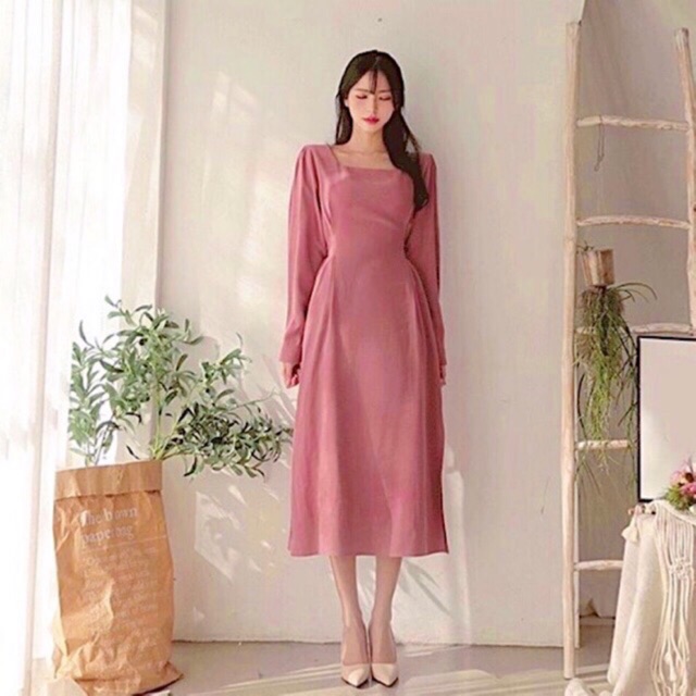 Đầm midi hồng ruốc tay dài v2 (kèm hình thật)