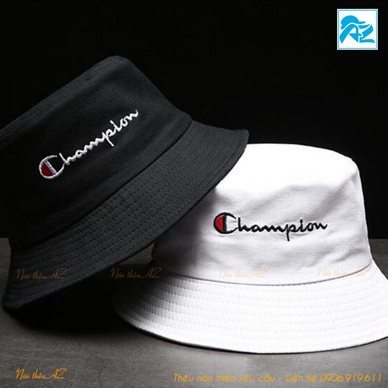 Mũ Bucket Nam Nữ Kaki màu đen và trắng thêu logo Champion thời trang đẹp MT486