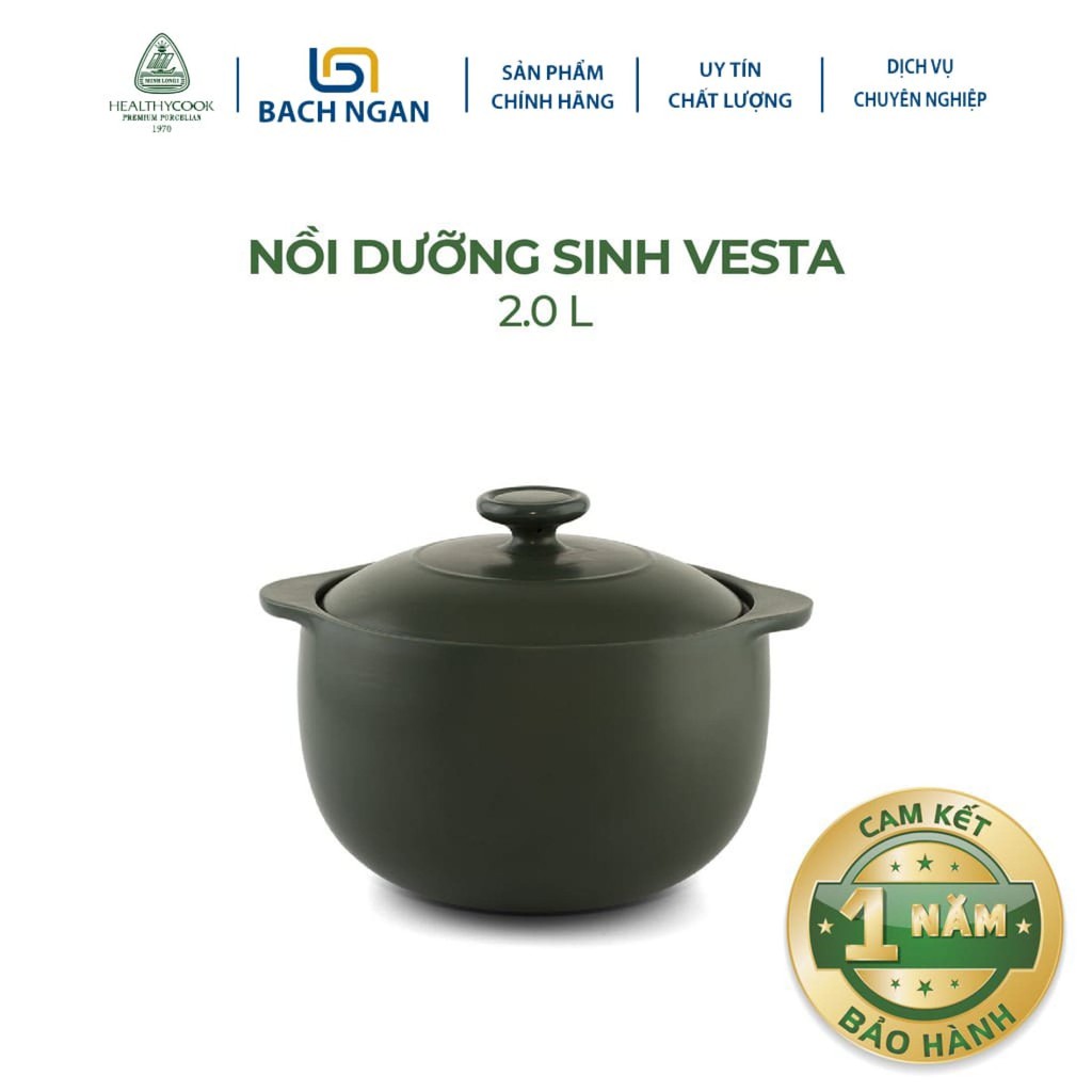 Nồi Sứ Dưỡng Sinh Minh Long Vesta 2.0L Dùng Cho Bếp Ga, Hồng Ngoại, Có Nắp, Dùng Kho Cá, Hầm Cháo