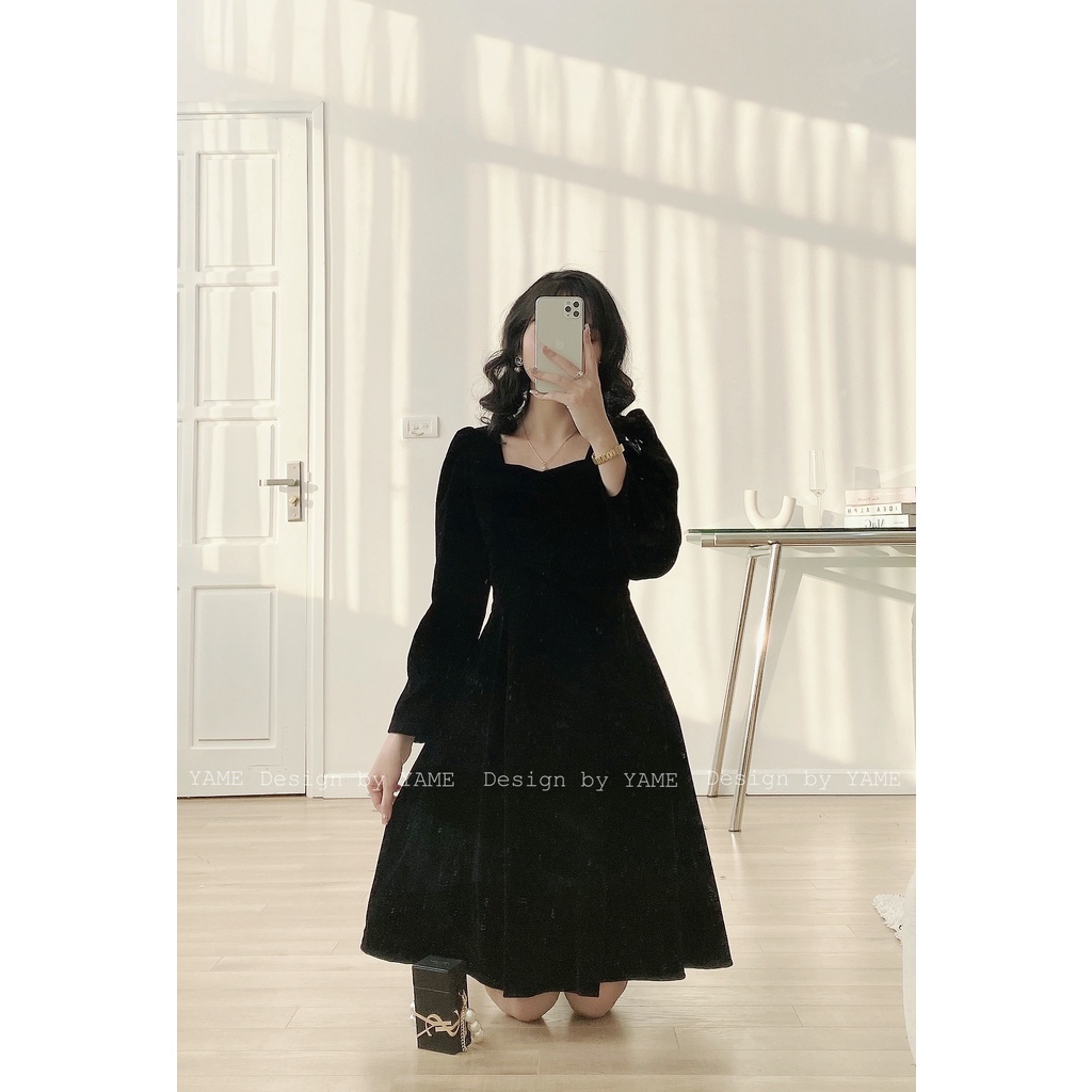 Váy nhung dài tay dáng chữ A cổ vuông tiểu thư siêu sang màu đen YAME