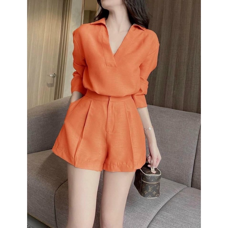 Sét bộ cộc áo sơ mi cổ chữ V phối quần cộc khóa vải thoáng mát 5 màu phong cách thời trang