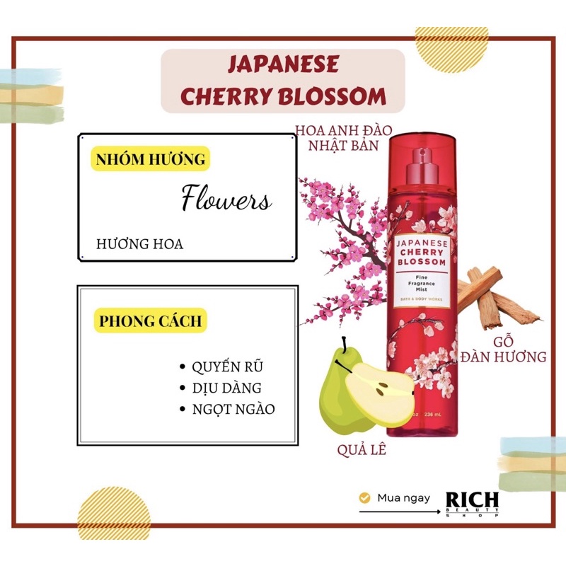 BILL BBW JAPANESE CHERRY BLOSSOM USA XỊT THƠM BODY MIST - BODY LOTION DƯỠNG THỂ