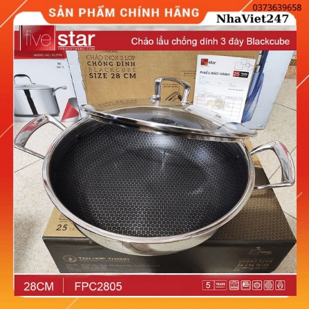 Chảo lẩu chống dính-Fivestar-Blackcube-28cm-Inox 304-3 đáy-2 quai,vung kính-đun bếp từ-siêu bền-giá rẻ-bảo hành 5 năm