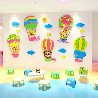 Decal trang trí tường phòng khách, phòng ngủ, trường mầm non, khu vui chơi cho bé - khinh khí cầu động vật