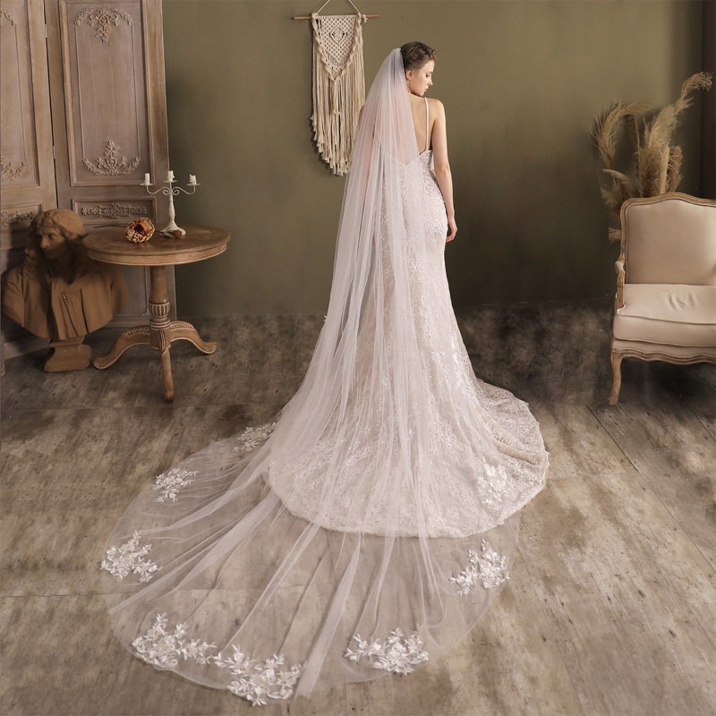 Mạng Che Mặt Cho Cô Dâu Dài 118 Inch Bằng Vải Tuyn Phối Ren Tinh Tế